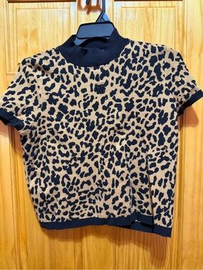 DKNY Leopard Print Crewneck Sweater - Black & Tan